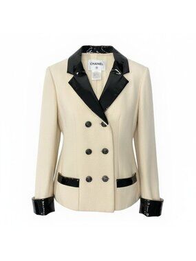 Chanel C Tweed Jacket Spring Patent Collar Camellia Button 38 Ivory Black